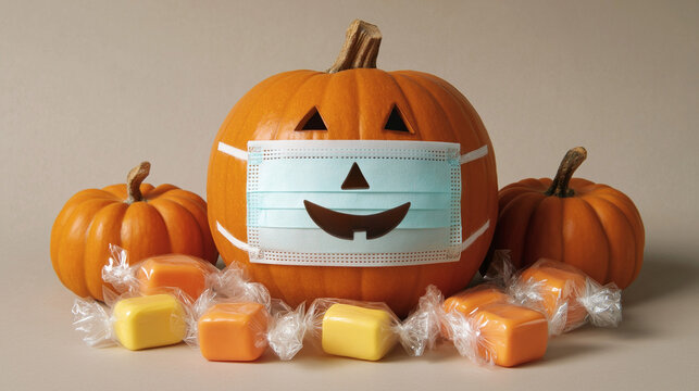 Pumpkin with face mask and candy on white background, halloween concept, copy space for text
