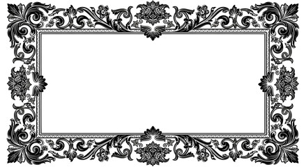 Ornate rectangular frame with floral and leaf designs in black and white illustration style