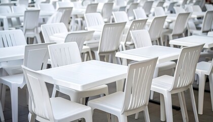Rows of white plastic tables and chairs