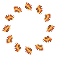 Round frame made of Native American headdresses. Thanksgiving design. Isolated white background. Flat style vector illustration