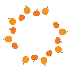 Round frame of ripe pumpkins. Thanksgiving design. Isolated white background. Flat style vector illustration
