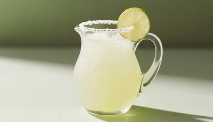 Pitcher of refreshing margarita with lime slice and salt rim  