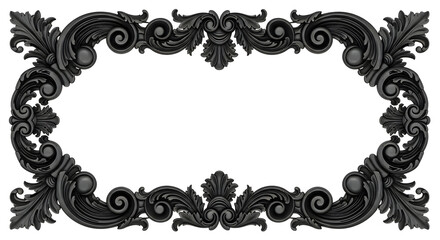 Ornate black frame with floral and scroll details on a white background in a horizontal format