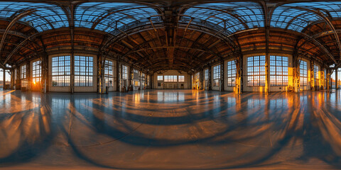 Industrial Hangar 360° Equirectangular Panorama – Golden Hour Sunlight, Warm HDRI Interior