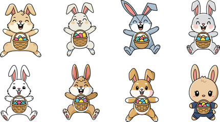 Cute Easter bunny characters with colorful eggs, cartoon rabbits holding basket, spring holiday celebration, adorable kawaii illustration, festive vector design