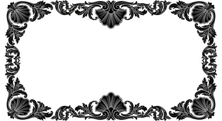 A decorative frame with ornate floral and shell designs in black and white vector illustration style