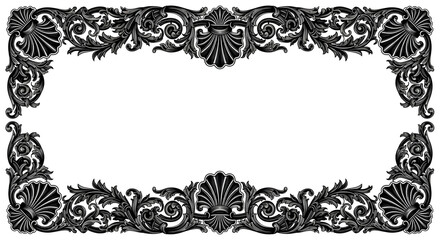 Ornate black and white frame with seashell and floral elements creating an elegant border design