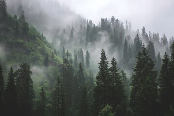 Misty Evergreen Forest in Mountain Fog, Moody Wilderness Landscape, Deep Green Pines, Panoramic Nature Banner with Copy Space.Generative AI
