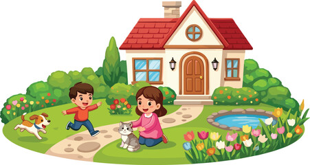 Happy children playing outside family house, boy running with dog, girl petting cat, colorful garden, blooming flowers, pond, home illustration