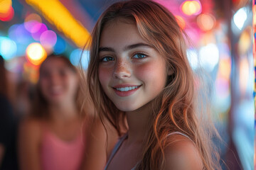 Fototapeta premium Girl with long hair and blue eyes smiles at the camera.