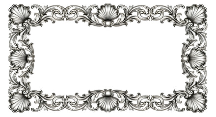 Ornate frame with seashell and floral designs in silver color on a white background for decoration
