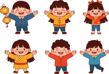 Cartoon Asian Children in Traditional Outfits with Raised Arms – Cultural Celebration Vector for Festivals, Education, Posters, and Holiday Themes