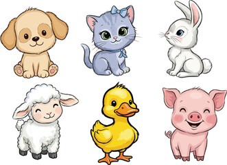Cartoon baby animal vector set with puppy, kitten, bunny, lamb, duckling, piglet in cute style for children content