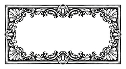 Ornate rectangular frame with shell and scroll designs in black and white illustration style image