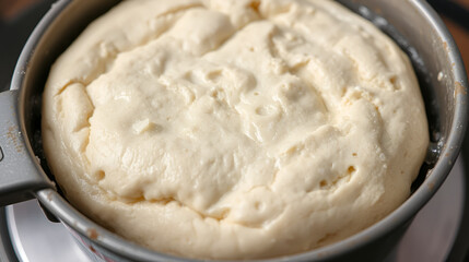Wet pizza dough with textures fermenting timelapse in a grey metal recipient with some air bubbles being formed on the surface