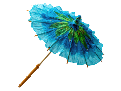 A vibrant blue paper parasol, featuring a light teal gradient and tropical leaf pattern,  is angled on a black background.  Wooden sticks form the handle