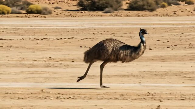 Emu running across the desert in a sequence of action shots, capturing its movement and energy