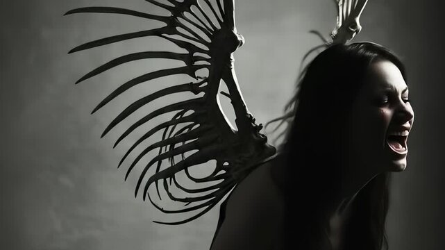 Dramatic Angelic Figure with Bone Wings in Anguish and Suffering Expression