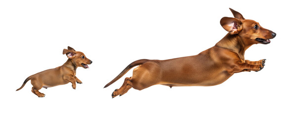 A dachshund puppy and an adult dog leap energetically in mid-air, showcasing their playful nature. Both dogs appear joyful and full of energy, isolated on a white background.
