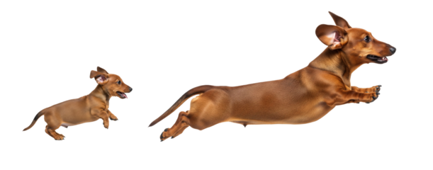 A dachshund puppy and an adult dog leap energetically in mid-air, showcasing their playful nature. Both dogs appear joyful and full of energy, isolated on a white background.