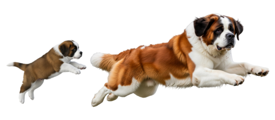 A Saint Bernard puppy and an adult dog are captured in mid-jump, showcasing their playful energy and excitement. They appear to be enjoying a moment of fun and bonding.
