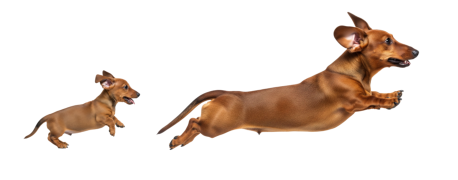 A dachshund puppy and an adult dog leap energetically in mid-air, showcasing their playful nature. Both dogs appear joyful and full of energy, isolated on a white background.