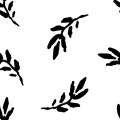 Black and White Botanical Sprigs Seamless Background