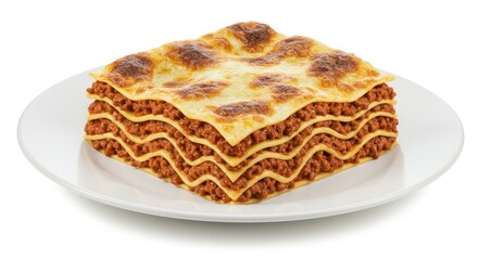 Delicious Lasagna on White Plate - A mouthwatering of a perfectly layered lasagna on a white plate, ideal for food blogs, restaurant menus, and culinary websites