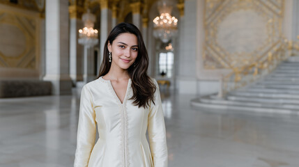 Fototapeta premium Elegant woman in traditional-style cream dress posing in luxurious palace interior with chandeliers and marble decor, concept of beauty, culture, fashion, sophistication, and timeless elegance