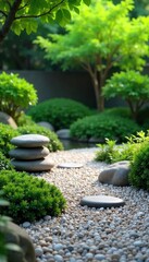 Serene scene of a peaceful zen garden with carefully raked gravel, smooth stones, and lush green plants, perfect for meditation and mindfulness , serenity, nature