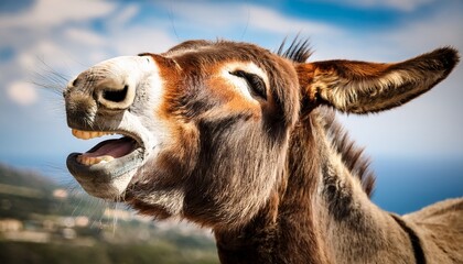 close up of a laughing donkey