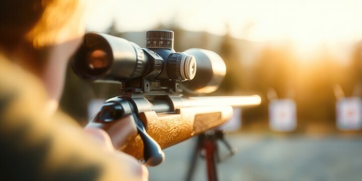 A hunter aims down the scope of a rifle at a target in the distance with the sun shining.