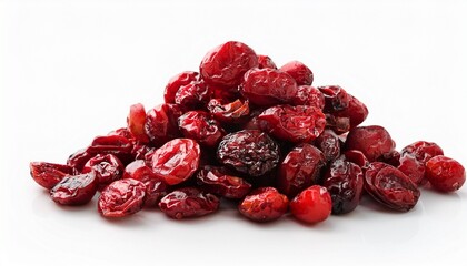 pile of dried shriveled red cranberries on white background