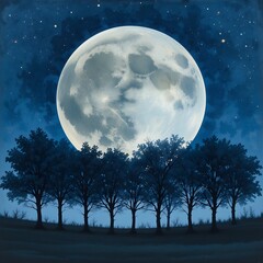 Fototapeta premium A serene night landscape, depicted with a large, luminous moon and a row of dark trees against a deep blue sky, painted in watercolor style.