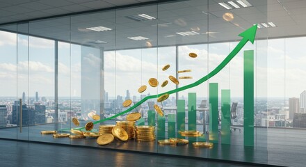 Financial Growth and Success - Gold coins and a rising green graph on a glass wall in a modern office, symbolizing financial growth and investment success