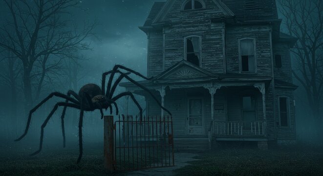 Giant Spider Before Haunted House - A massive spider looms before an old, spooky house shrouded in mist on a dark night. Perfect for Halloween or horror themes