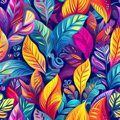 Vibrant tropical leaves pattern in vivid abstract colors brings exotic jungle energy and modern design