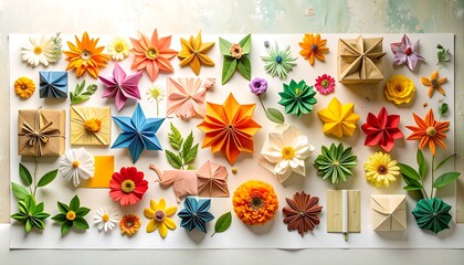 Colorful paper flowers and gifts arranged artistically