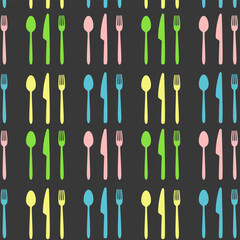 Seamless pastel cutlery pattern on dark &ndash; colorful forks, knives, and spoons &ndash; ideal for restaurant branding, kitchen textiles, and food packaging.