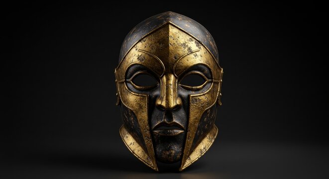Gold And Black Gladiator Helmet Mask - Ancient warrior, power, mystery, protection, legacy. A striking of a gold and black gladiator helmet mask against a dark background