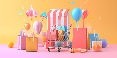 Vibrant shopping spree scene with colorful bags, cart, and festive balloons creating excitement
