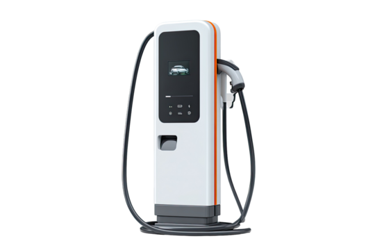 Modern electric vehicle charging station, white and orange, with touchscreen display and charging port