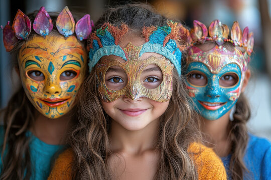 young girls wearing colorful masks.