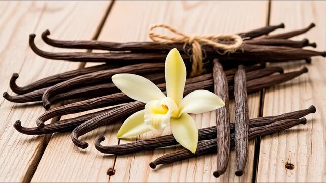 Vanilla beans and a vanilla flower arranged on a light wood surface, tied with a natural twine.