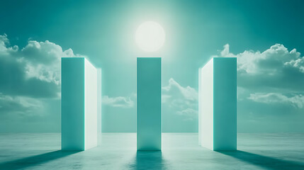 Fototapeta premium Three Pillars Standing Against a Bright Sky with Clouds