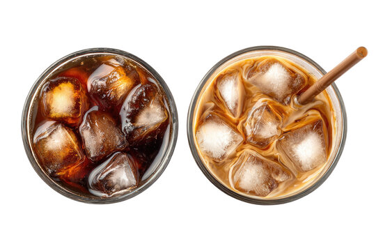 Two glasses of iced coffee drinks.  Top-down view, showing ice cubes and liquid.  One is black coffee, the other a light brown iced coffee beverage.  A straw is visible in the iced coffee drink