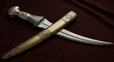 An antique ornate dagger with a decorative sheath resting on a dark fabric background