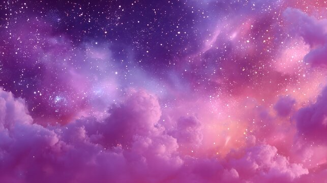 Cotton-Candy Night Sky in Lilac, Blue and Pink, Sparkling Stars and Misty Clouds, Fantasy Wallpaper Banner.Generative AI