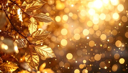 Golden leaves adorn a branch, bathed in soft light and floating bokeh orbs. The background blurs in a dreamlike quality with spots of gold and shimmering highlights
