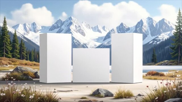 Blank product displays in mountain landscape